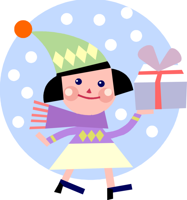 Vector Illustration of Young Girl Walks in Snow with Gift Wrapped Christmas Present