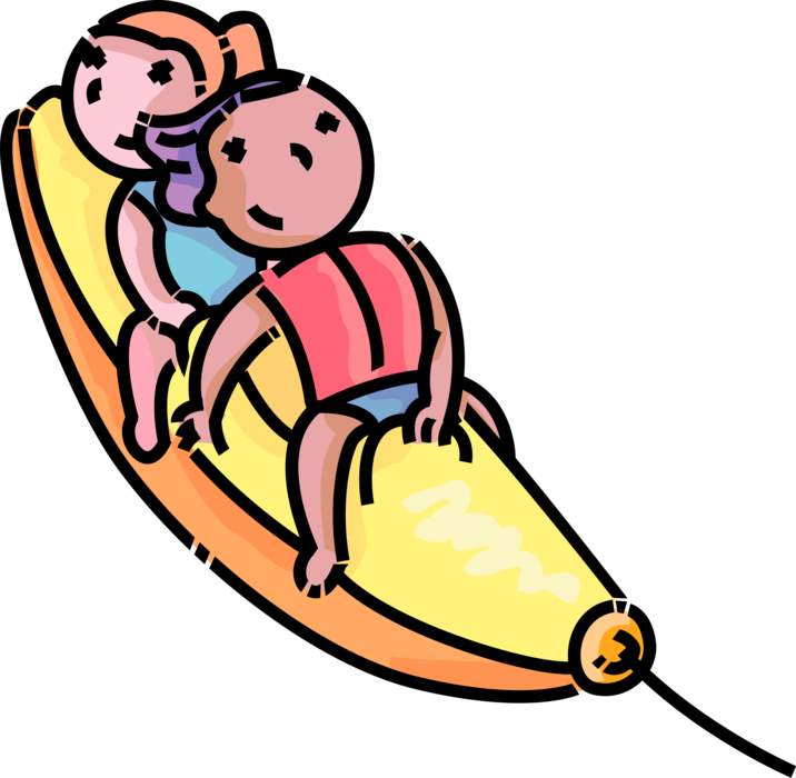 Vector Illustration of Primary or Elementary School Student Children Ride Inflatable Banana Toy Towed by Boat at Beach