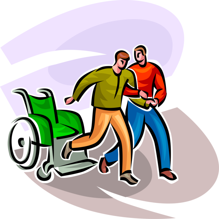 Vector Illustration of Friend Helps Man Stand and Walk from Handicapped or Disabled Wheelchair