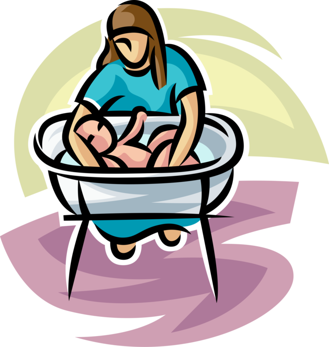 Vector Illustration of New Mother Bathing Newborn Baby in Bathtub