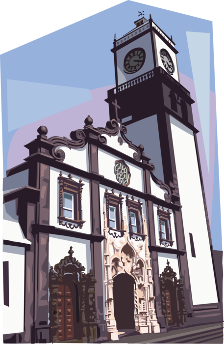 Vector Illustration of Church of St. Sebastian, Ponta Delgada, Azores, Portugal