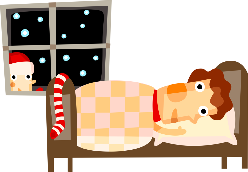 Vector Illustration of Child Sleeps in Bed on Night Before Christmas Awaiting Arrival of Santa Claus