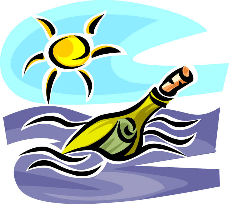 Vector Illustration of Message in Bottle Form of Communication Floats on Ocean with Sunshine