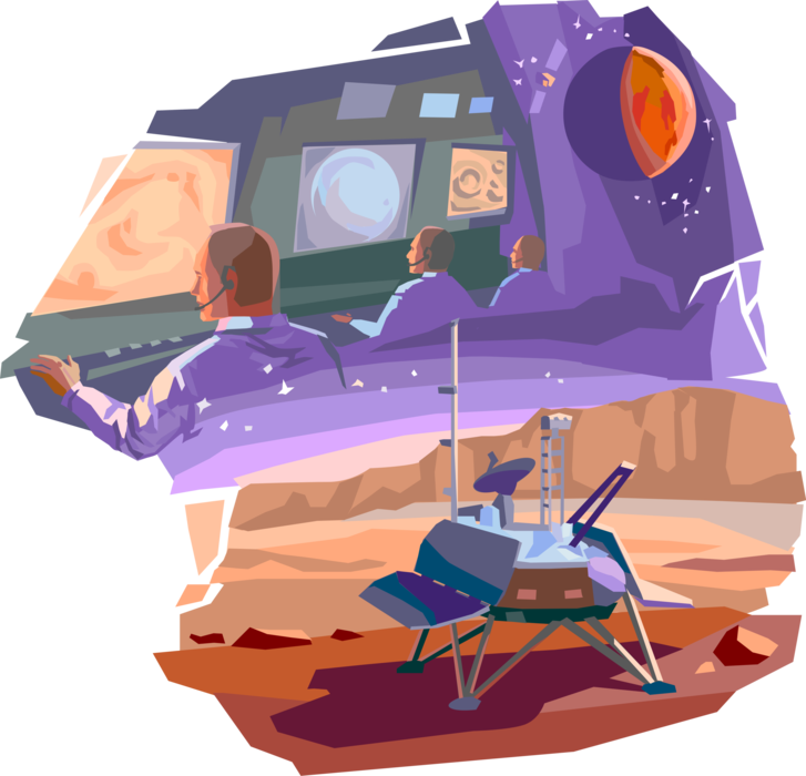 Vector Illustration of Ground Control Worker at Space Center Communicates Through Space Satellite to Mars Explorer