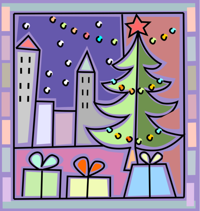 Vector Illustration of Evergreen Christmas Tree with Presents and Gifts Overlook City Skyline