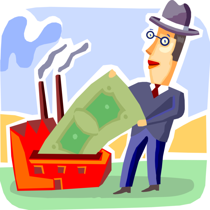 Vector Illustration of Business Industrialist Investor with Industrial Manufacturing Factory and Profit Cash Money Dollar