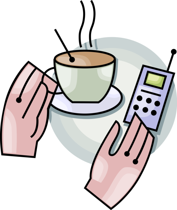 Vector Illustration of Hands with Cup of Coffee and Mobile Cell Phone Telephone