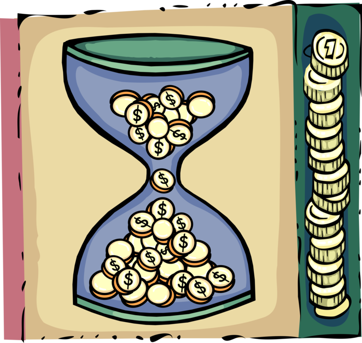 Vector Illustration of Time is Money Idiom with Cash Coins and Hourglass Sands of Time