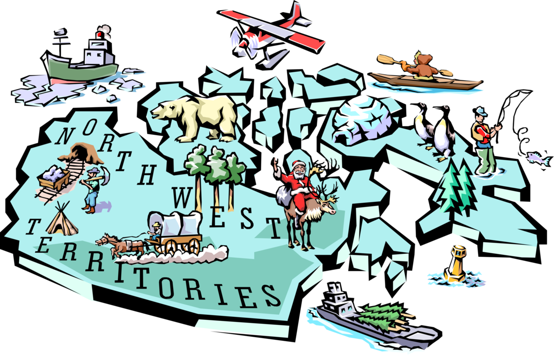 Vector Illustration of Northwest Territories Vignette Map with Tourism Infographic Icons, Territory of Canada
