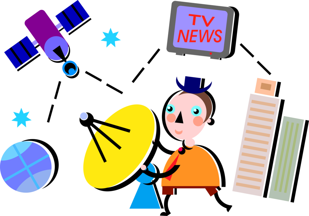 Vector Illustration of Global Telecommunication with Space Satellite and Dish Antenna Broadcasting Television News