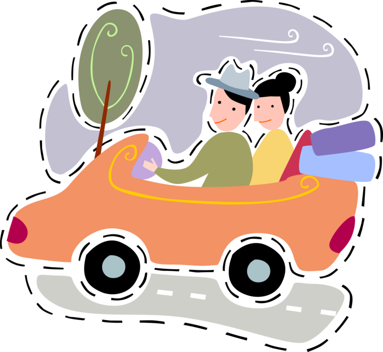 Vector Illustration of Boyfriend and Girlfriend Couple Drive Convertible Automobile Motor Vehicle Car