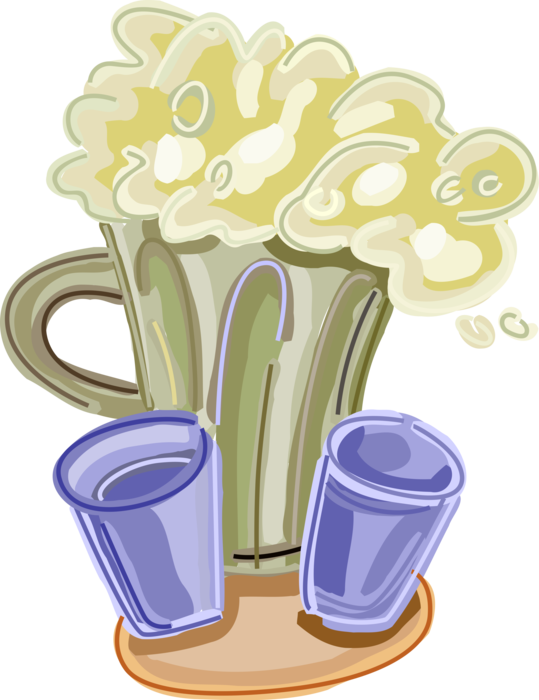 Vector Illustration of Pitcher of Beer Fermented Malt Barley Alcohol Beverage with Two Glasses