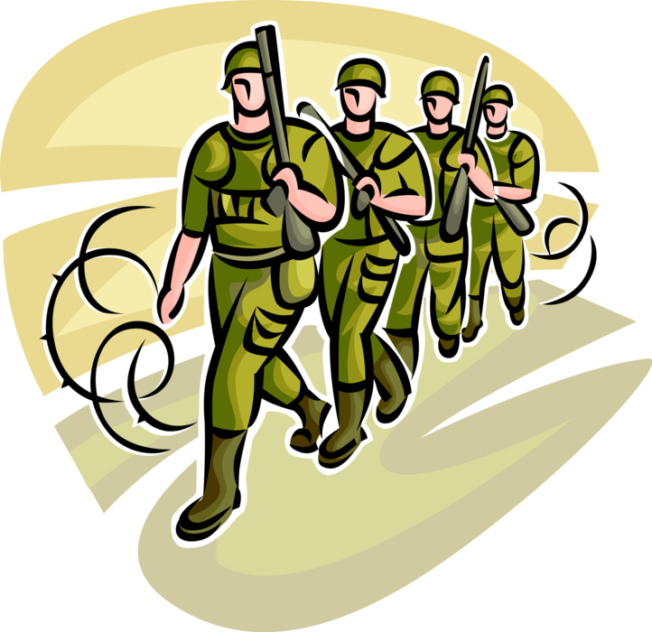 Vector Illustration of Heavily Armed United States Military Soldiers March with Weapon Guns in War Zone Operations