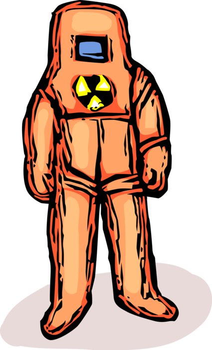 Vector Illustration of Toxic Chemical Spill and Contamination Hazmat Suit with Radioactive Warning Symbol