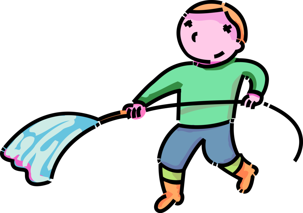 Vector Illustration of Primary or Elementary School Student Boy Helps with Chores Around Home and Waters Garden with Hose