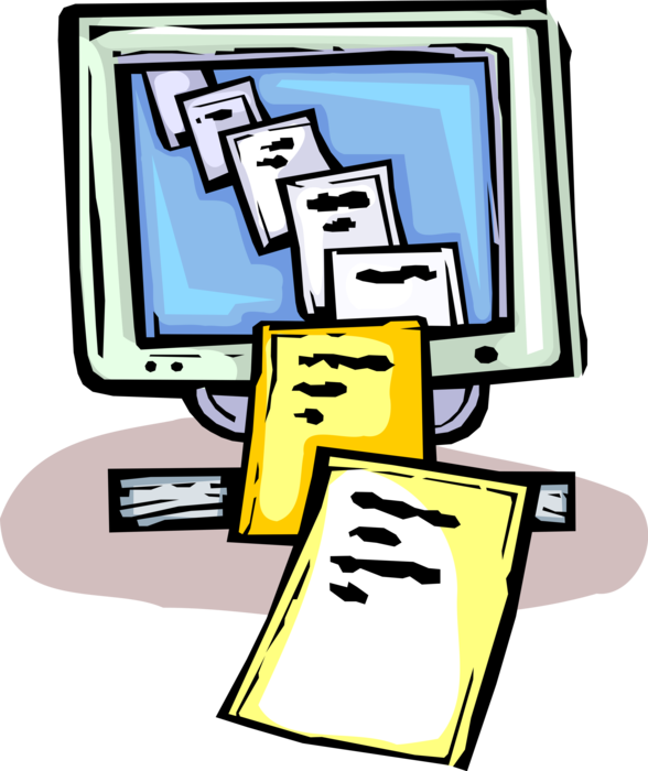 Vector Illustration of Printed Documents Transmitted via Computer Network