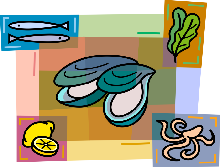 Vector Illustration of Clamshell Mussels with Citrus Lemon, Giant Octopus Cephalopod Mollusc or Mollusk & Fish