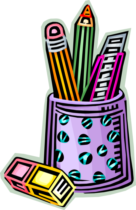 Vector Illustration of Assorted Pens in Desk Cup Holder with Rubber Eraser