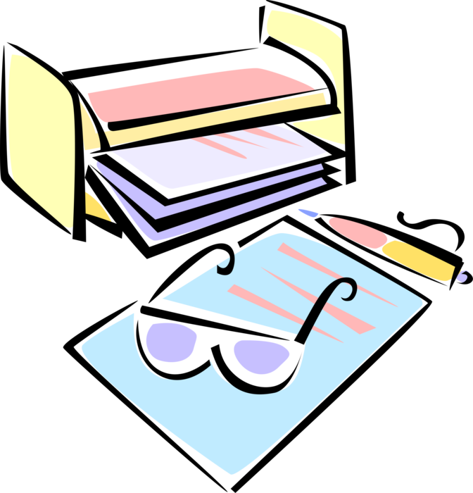 Vector Illustration of Office Desk Paperwork with In-Box and Pen Writing Instrument