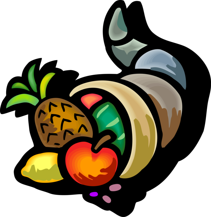 Vector Illustration of Cornucopia Horn of Plenty Filled with Fruit Apple, Pineapple, Watermelon, and Citrus Lemon