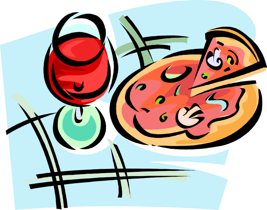 Vector Illustration of Glass of Red Wine with Italian Flatbread Pizza Meal