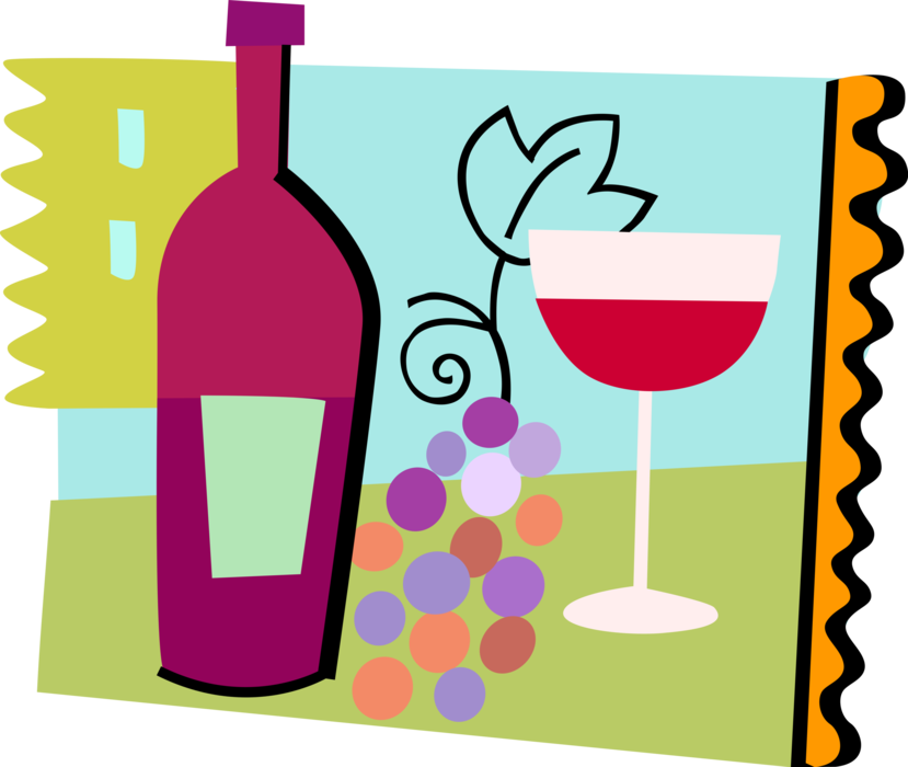 Vector Illustration of Alcohol Beverage Wine Bottle with Fruit Grapes and Wine Glass