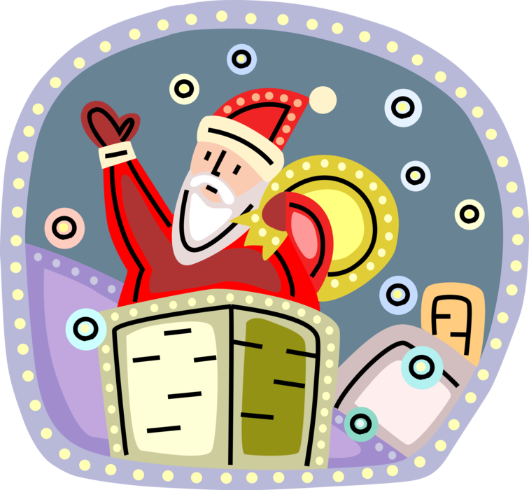 Vector Illustration of Santa Claus Climbs Down the Chimney with Presents and Gifts on Christmas