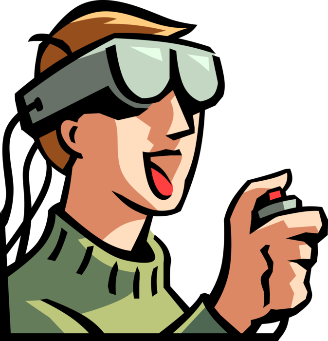 Vector Illustration of Adolescent Plays Video Game with Virtual Reality Headset and Controller