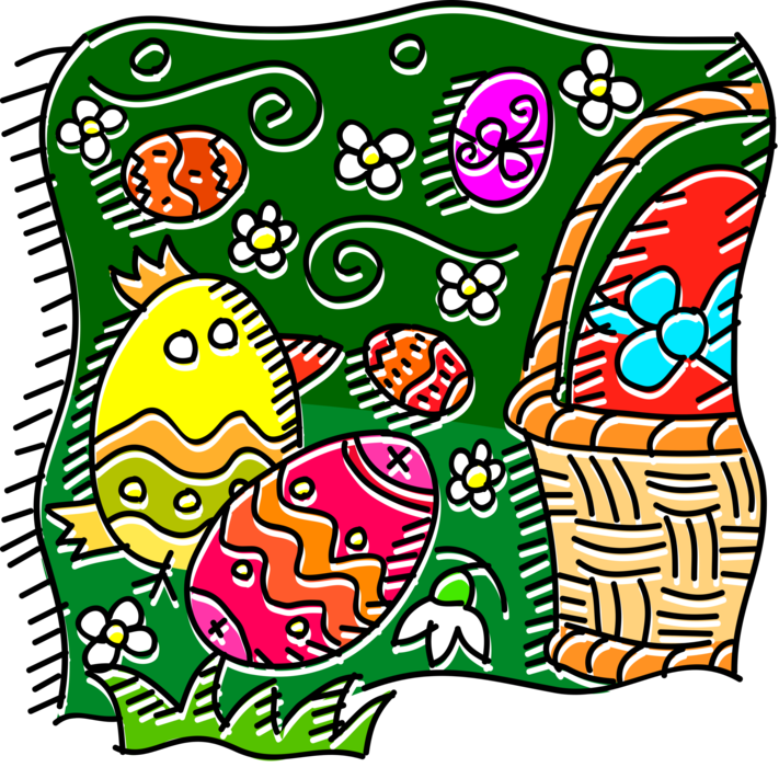 Vector Illustration of Wicker Basket of Colored Decorated Easter Eggs