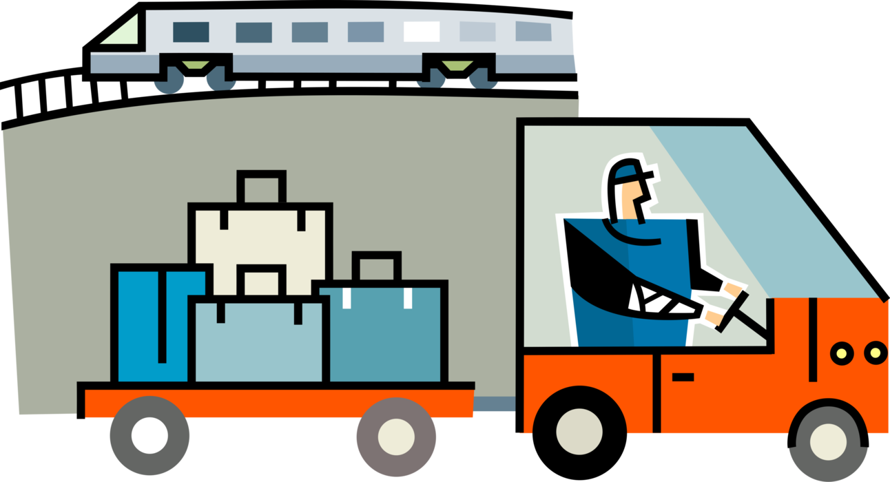 Vector Illustration of Railway Rail Transportation Baggage Handler Delivers Travel Luggage Suitcases at Train Station
