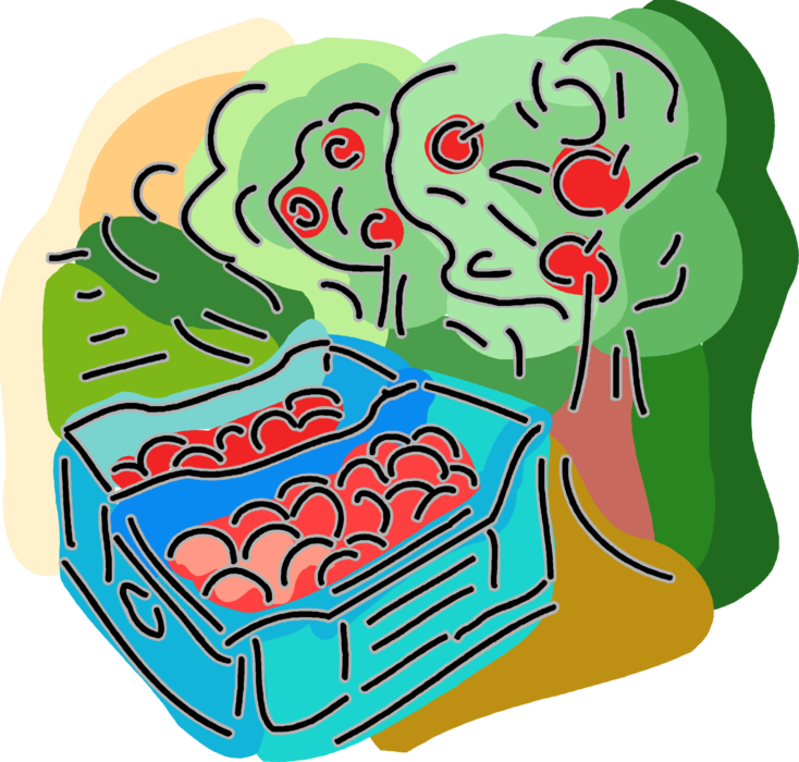 Vector Illustration of Farming and Agriculture Apple Fruit Orchard Harvest with Trees and Product for Shipping to Market