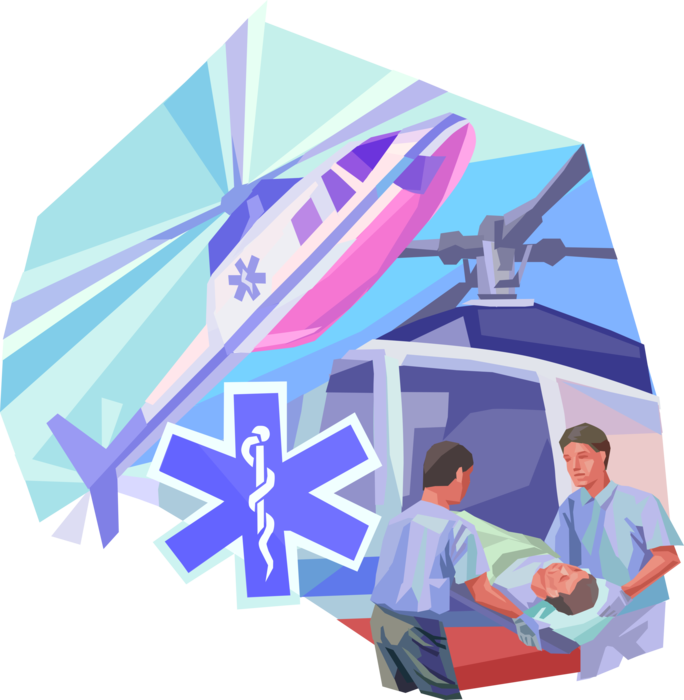 Vector Illustration of Medevac or Medivac Emergency Evacuation of Casualties to Hospital via Air Ambulance Helicopter