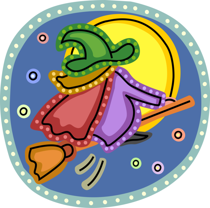 Vector Illustration of Halloween Sorceress Witch Flies on Broomstick Broom with Full Moon