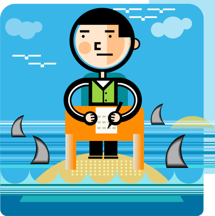 Vector Illustration of Businessman Works at Desk on Deserted Island Surrounded by Marine Predator Shark Infested Waters
