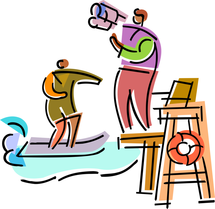 Vector Illustration of Lifeguard with Binoculars on Tower Watches and Supervises Swimmers to Prevent Drownings 