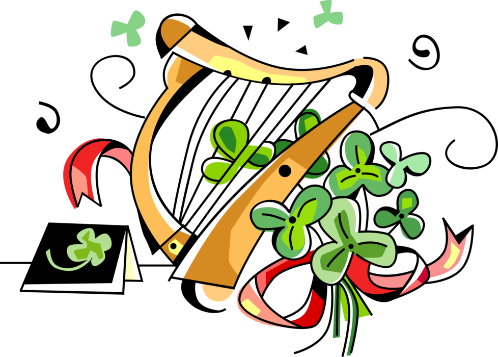 Vector Illustration of St Patrick's Day Clàrsach Gaelic Harp Celtic Harp Stringed Musical Instrument with Lucky Shamrocks