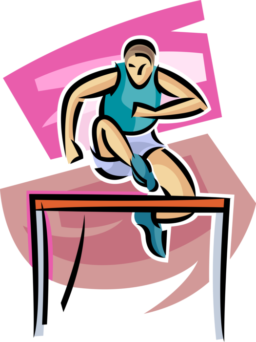 Vector Illustration of Track and Field Athletic Sport Contest Hurdler Jumps Hurdles in Competitive Race