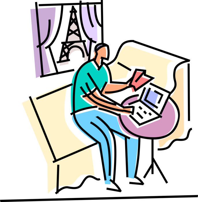 Vector Illustration of Holiday Vacation Traveler in Paris, France Sends Email in Hotel Room From Computer