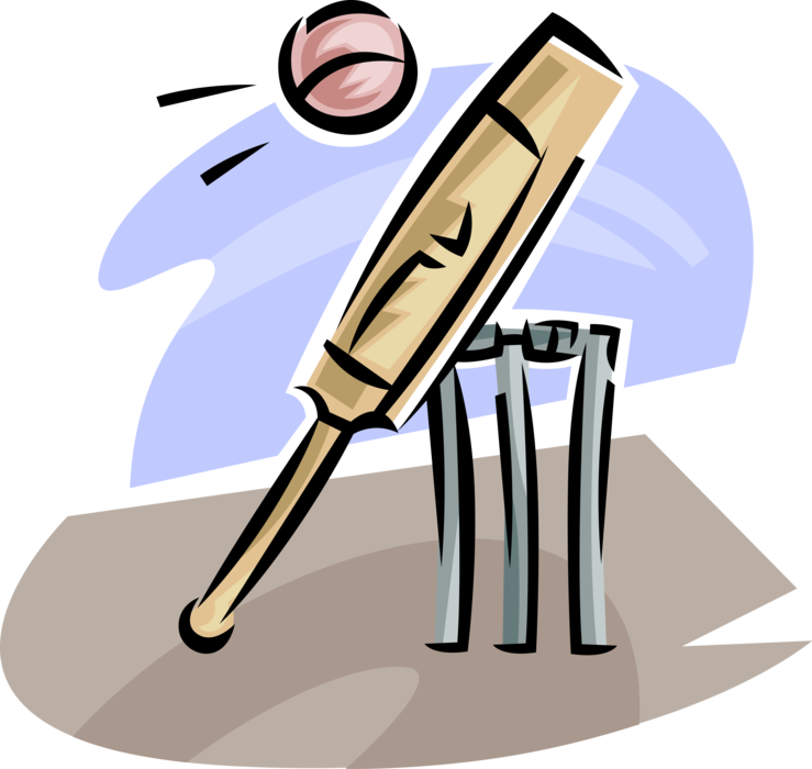 Vector Illustration of Sport of Cricket Bat and Ball with Wicket Defended by Batsman