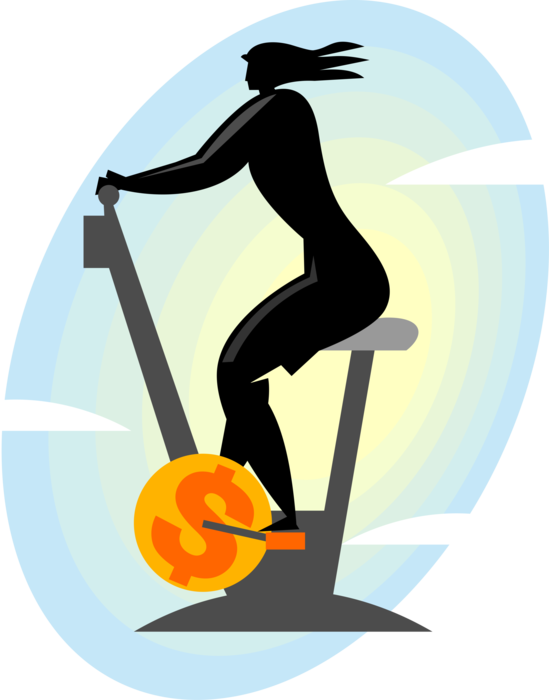 Vector Illustration of Businesswoman Works Out on Exercise Bike with Currency Cash Money