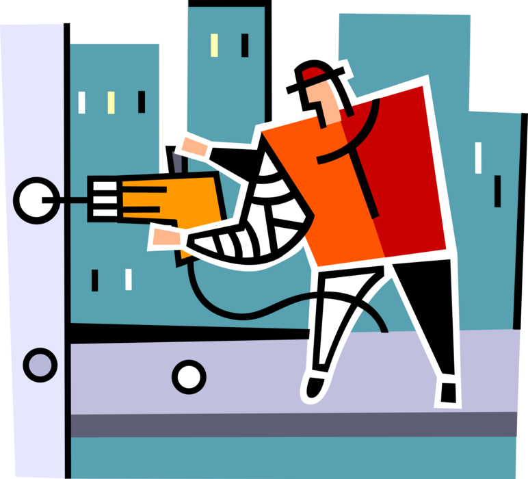 Vector Illustration of Building Construction Site Worker Drills with Electric Drill