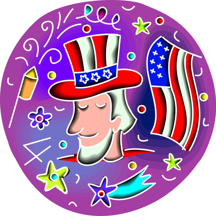 Vector Illustration of USA Independence Day 4th of July Uncle Sam National Personification of American Government with Fireworks