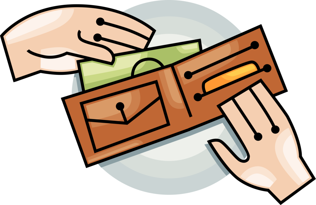 Vector Illustration of Hands with Wallet, Pouch or Billfold Carries Personal Items of Cash, Credit Cards, Identification Documents
