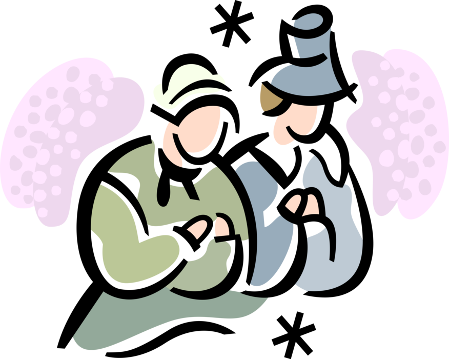 Vector Illustration of Mayflower Pilgrim Pioneers Celebrate First Thanksgiving with Prayer of Thanks