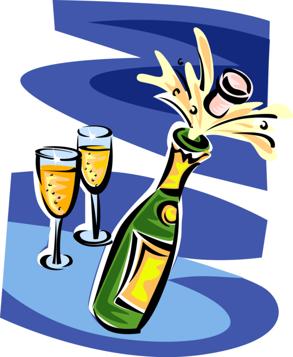 Vector Illustration of French Bubbly Champagne Bottle Uncorked with Flute Glasses
