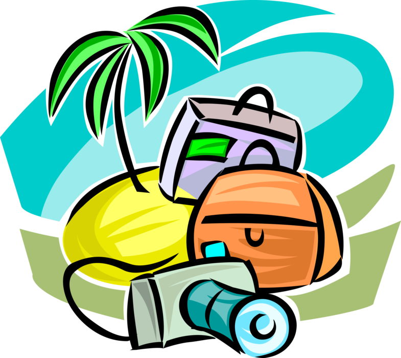 Vector Illustration of Tropical Island Vacation Getaway with Camera and Luggage Suitcases