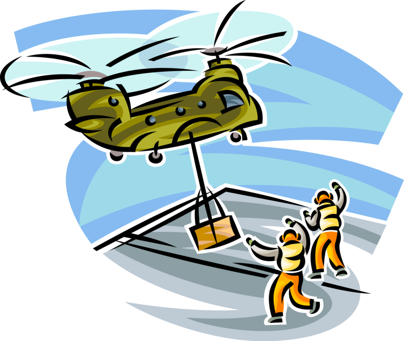 Vector Illustration of United States Military Helicopter Lifts Cargo from Deck of Navy Aircraft Carrier Warship