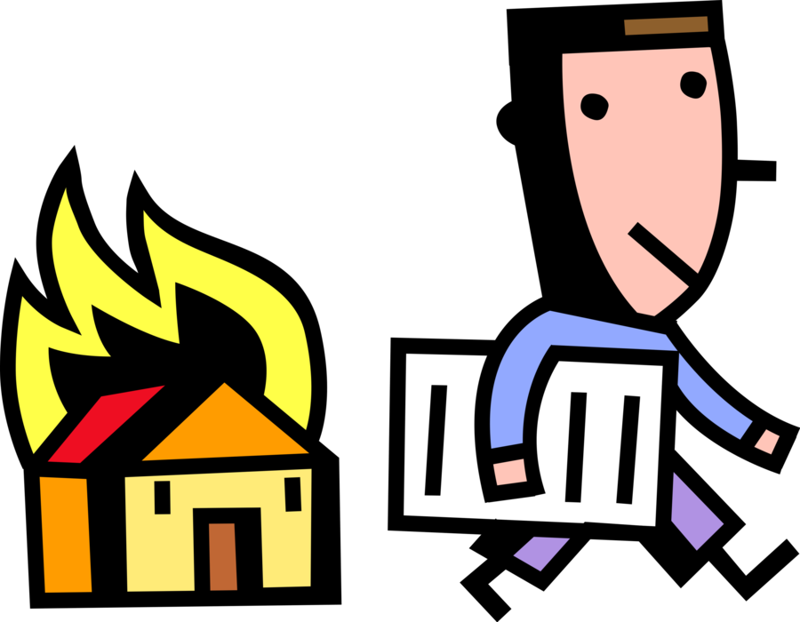 Vector Illustration of Homeowner with House Insurance Policy Issues Claim for Burning Family Home on Fire with Flames