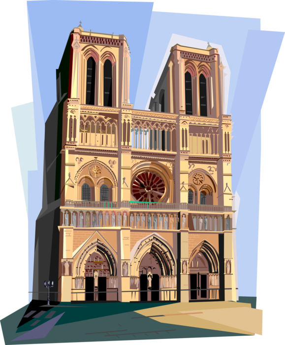 Vector Illustration of Notre-Dame Medieval Catholic Christian Church Cathedral in Paris, France on the River Seine