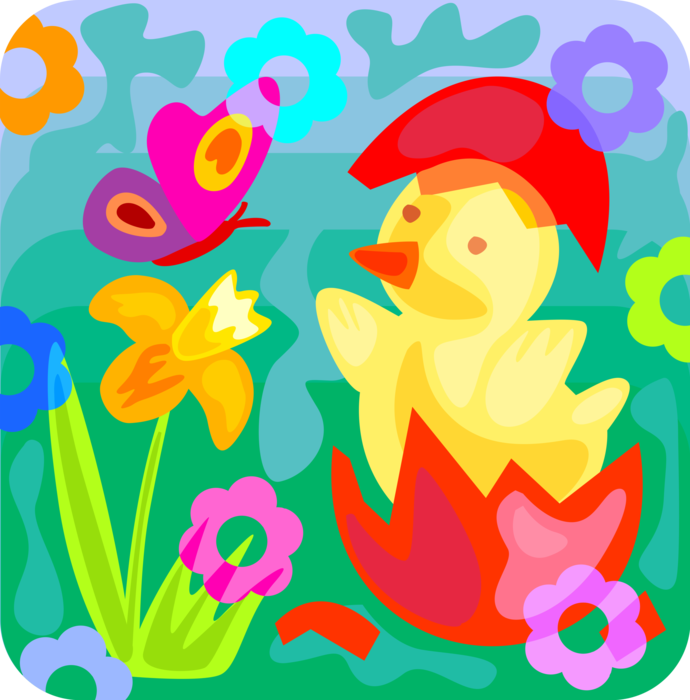 Vector Illustration of Just Hatched Yellow Chick Bird Emerges from Colored Easter Egg with Daffodil Flower and Butterfly
